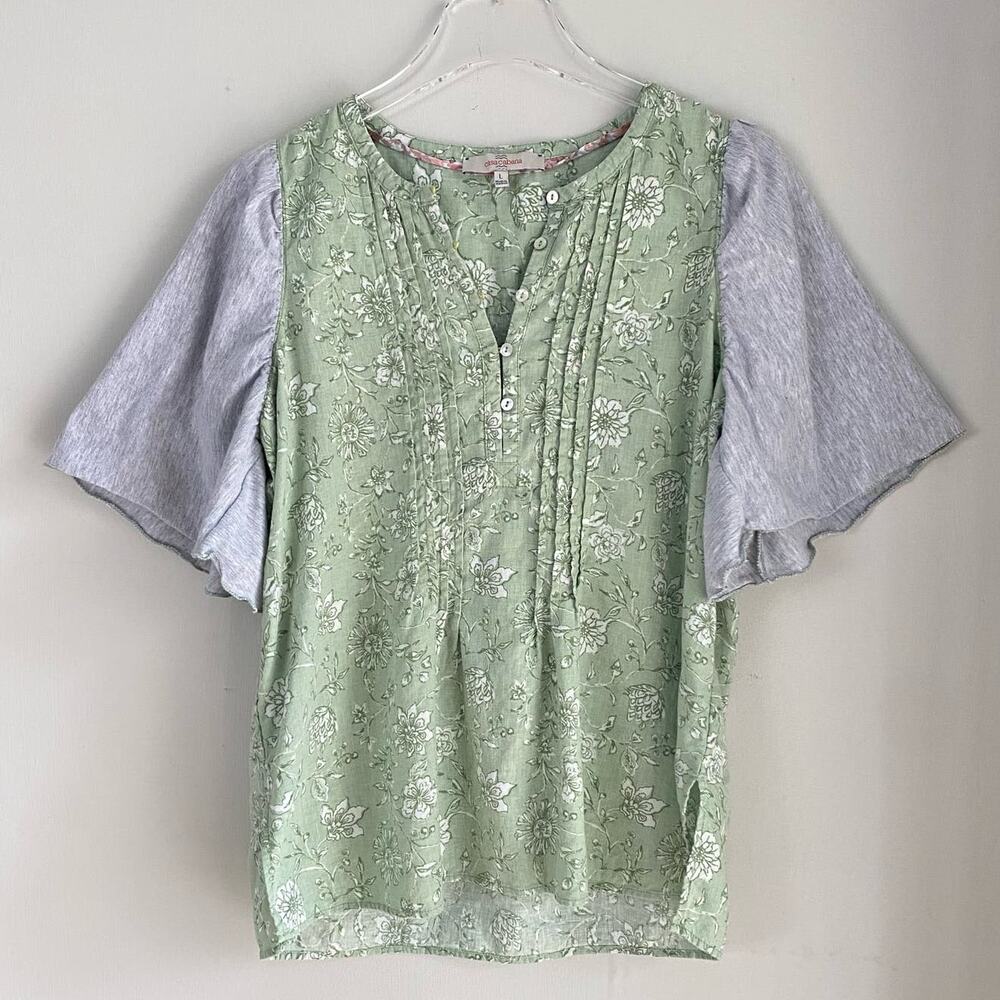 Coastal Casa Cabana Linen Blend Short Sleeve Top Large Green Floral Cottagecore